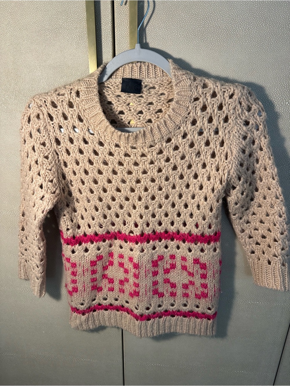 D&G Beige Open-Knit Crew Sweater with Pink Fair Isle Band